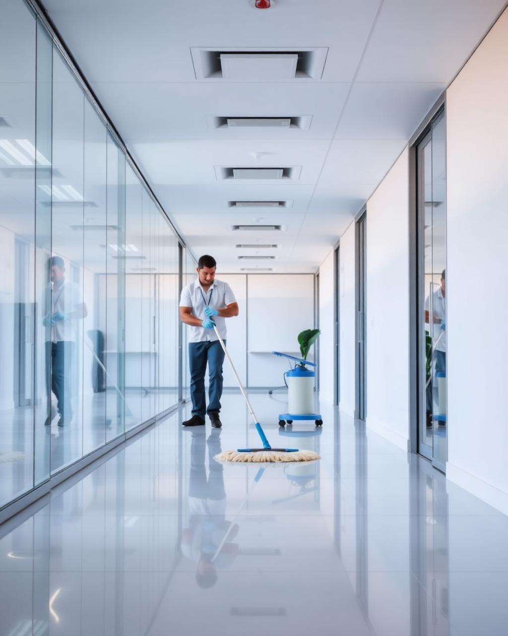 Reinigungskraft beim Wischen in einem hellen Bürogebäude in Heidelberg